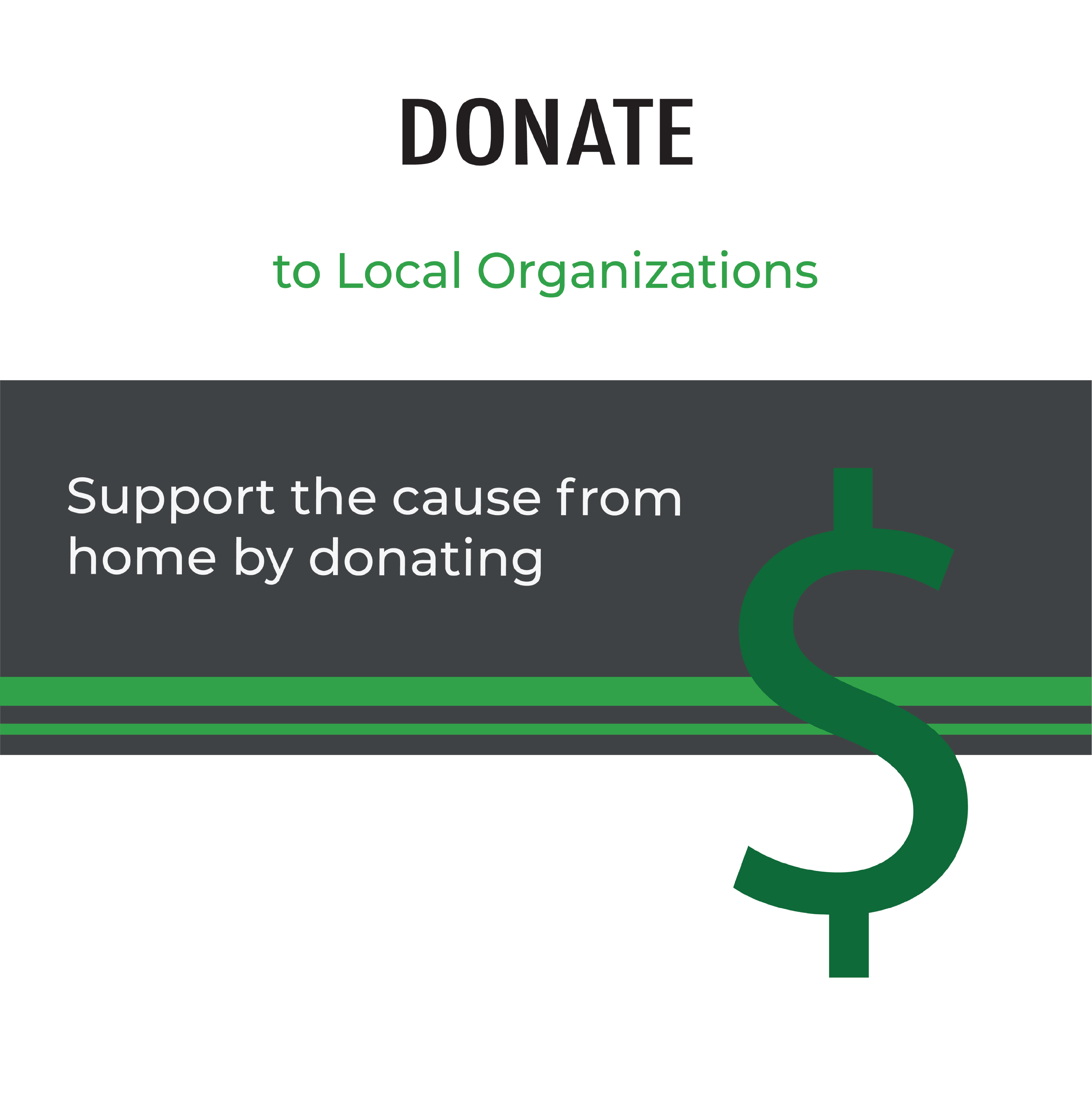 Donate to local organizations. Support the cause from home by donating. (green dollar sign)